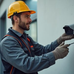 man conducting Security Camera Repair on mounted cctv