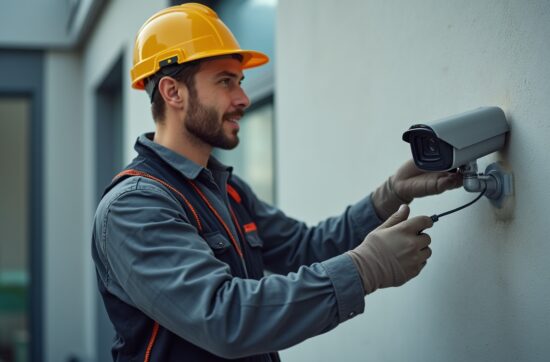 man conducting Security Camera Repair on mounted cctv