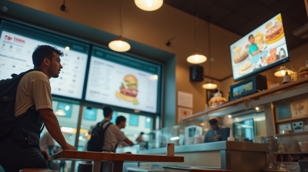 restaurant scene, surveillance systems in the background