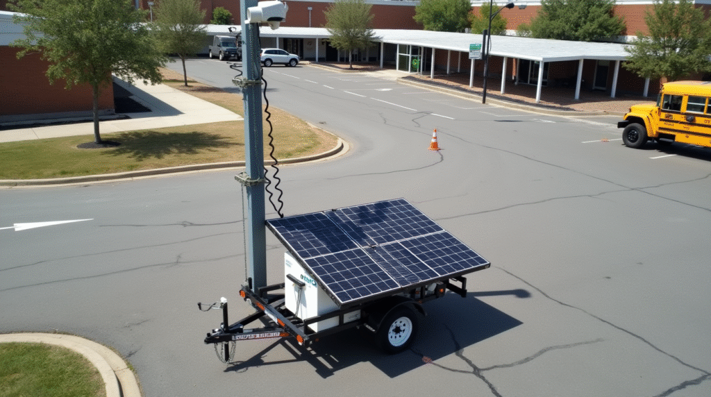 white mobile security trailer on School grounds