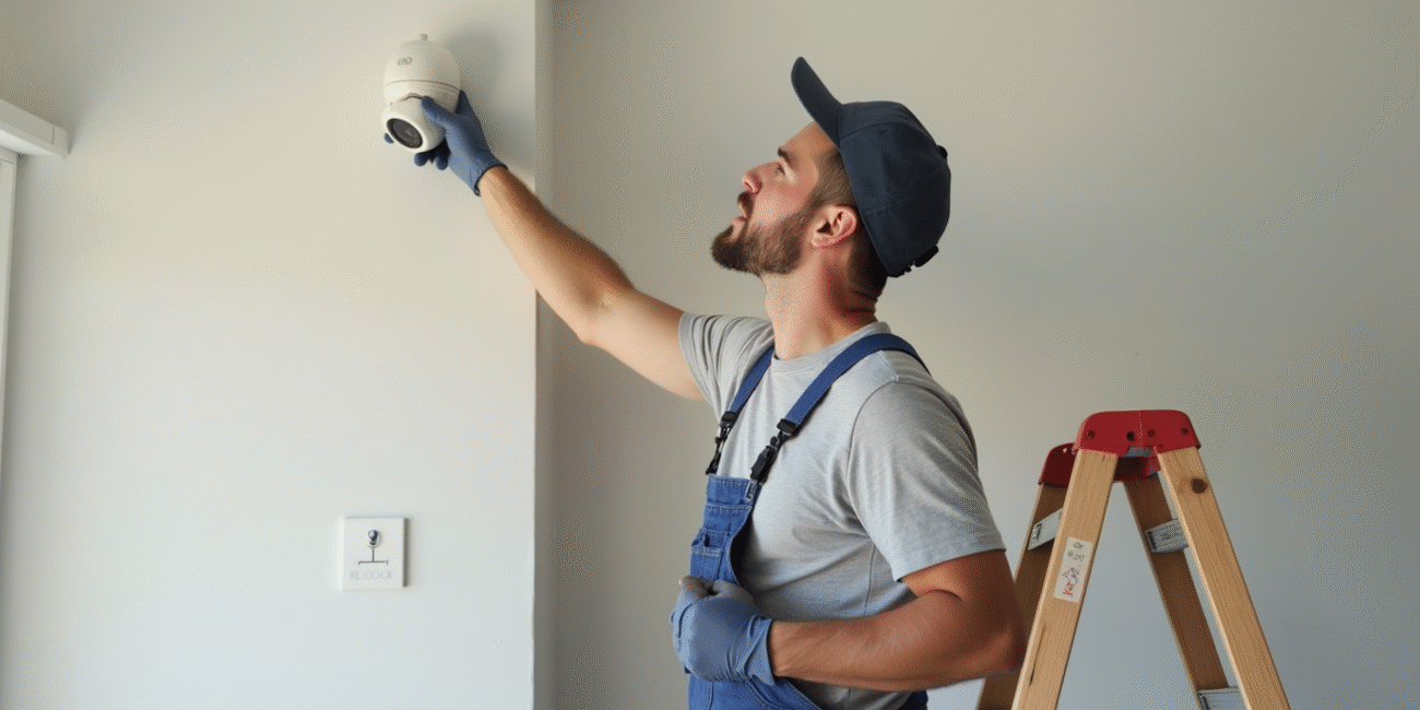 home owner on a step ladder cleaning security camera on the wall oc386s8wcy5kvlzvhoc8 0
