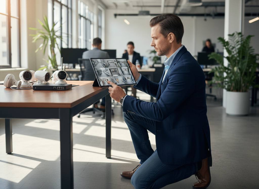 Expert technician configuring security camera system on tablet device