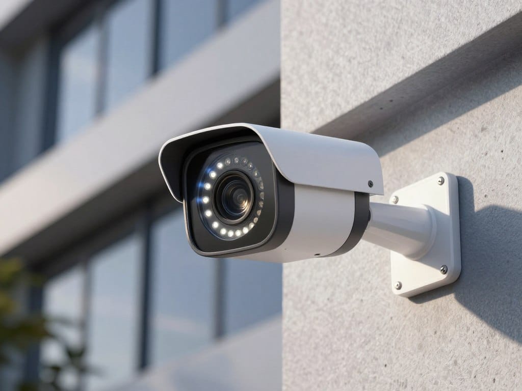 Modern security camera with night vision capability installed on building