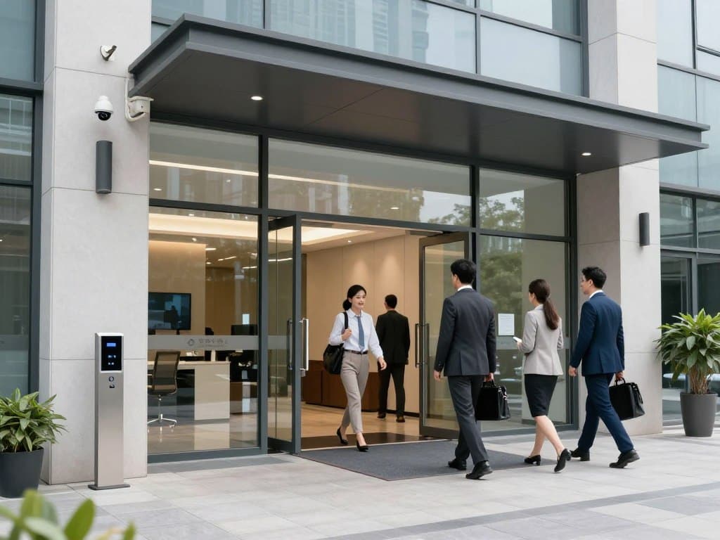 Office building entrance with access control and cameras