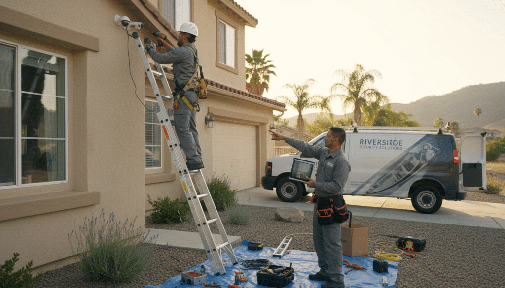 Security camera installation in progress at Riverside property