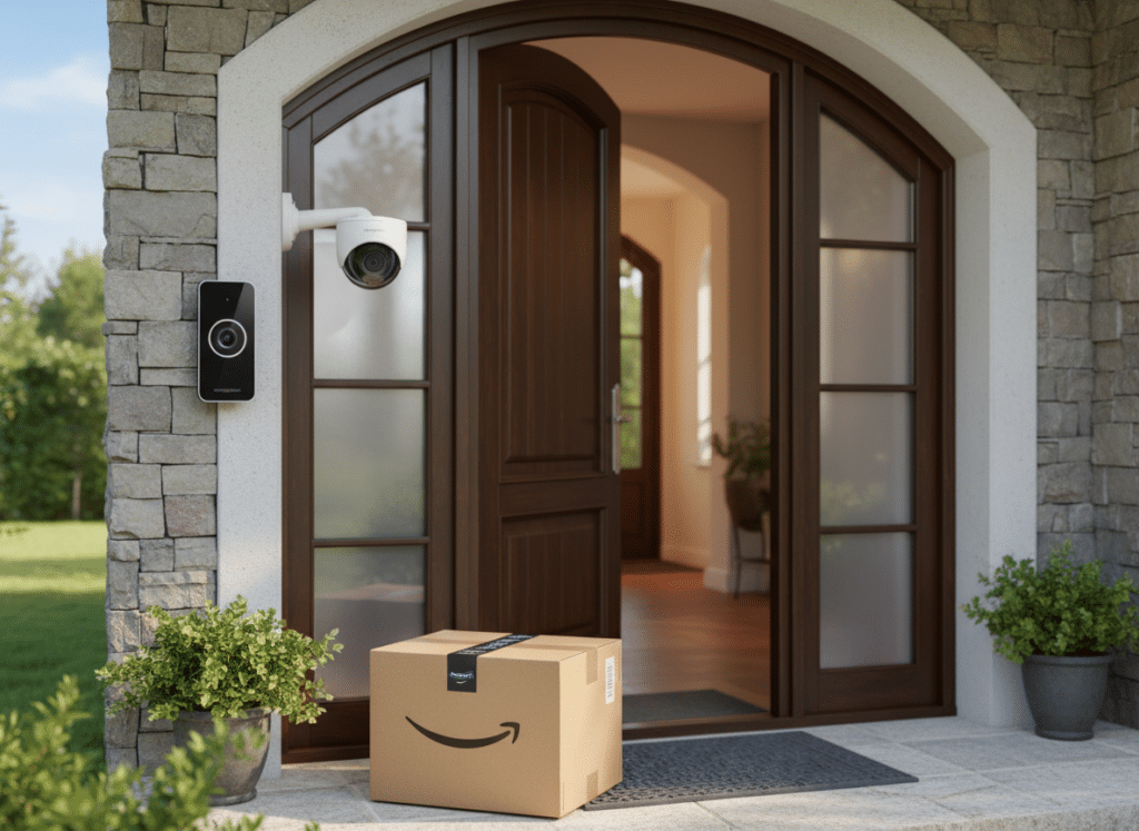 Security camera protecting front door entrance