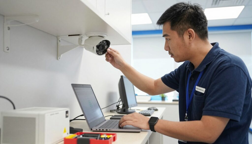 Technician performing security system maintenance