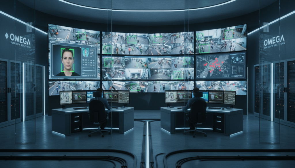 AI-powered security camera system with facial recognition display interface