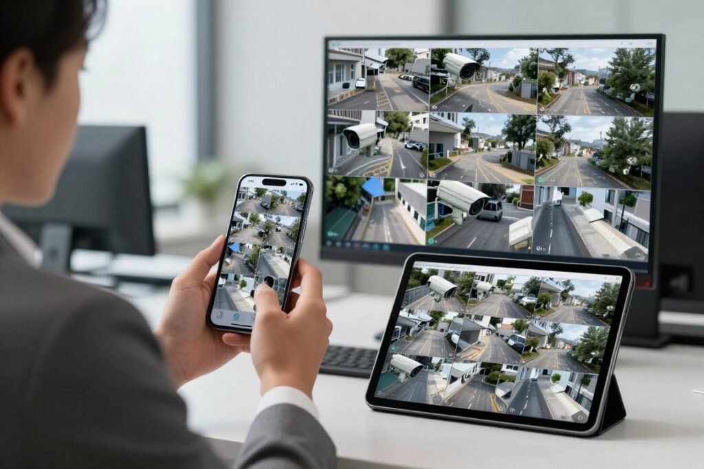 Business owner monitoring security cameras remotely on smartphone and tablet