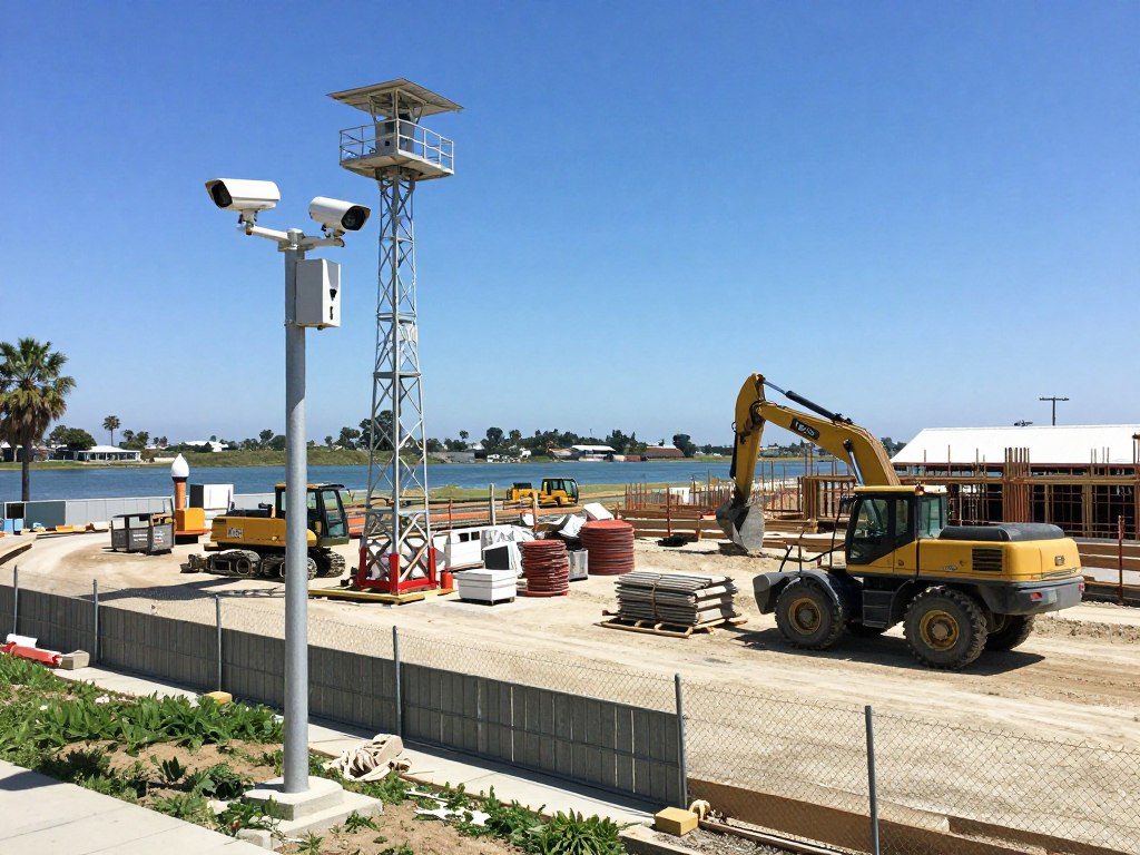 Construction site security cameras protecting equipment and materials in Riverside