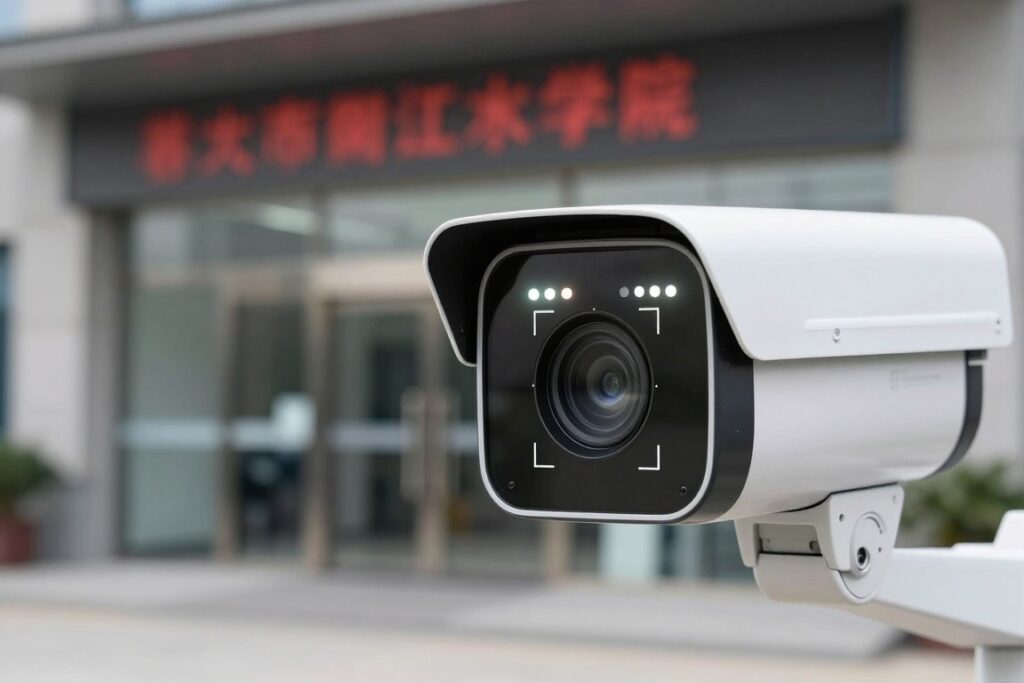 Facial recognition security camera technology identifying people at building entrance