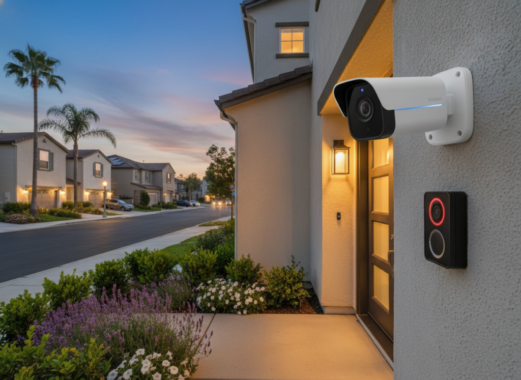 Home security camera protecting residential property entrance in Riverside neighborhood
