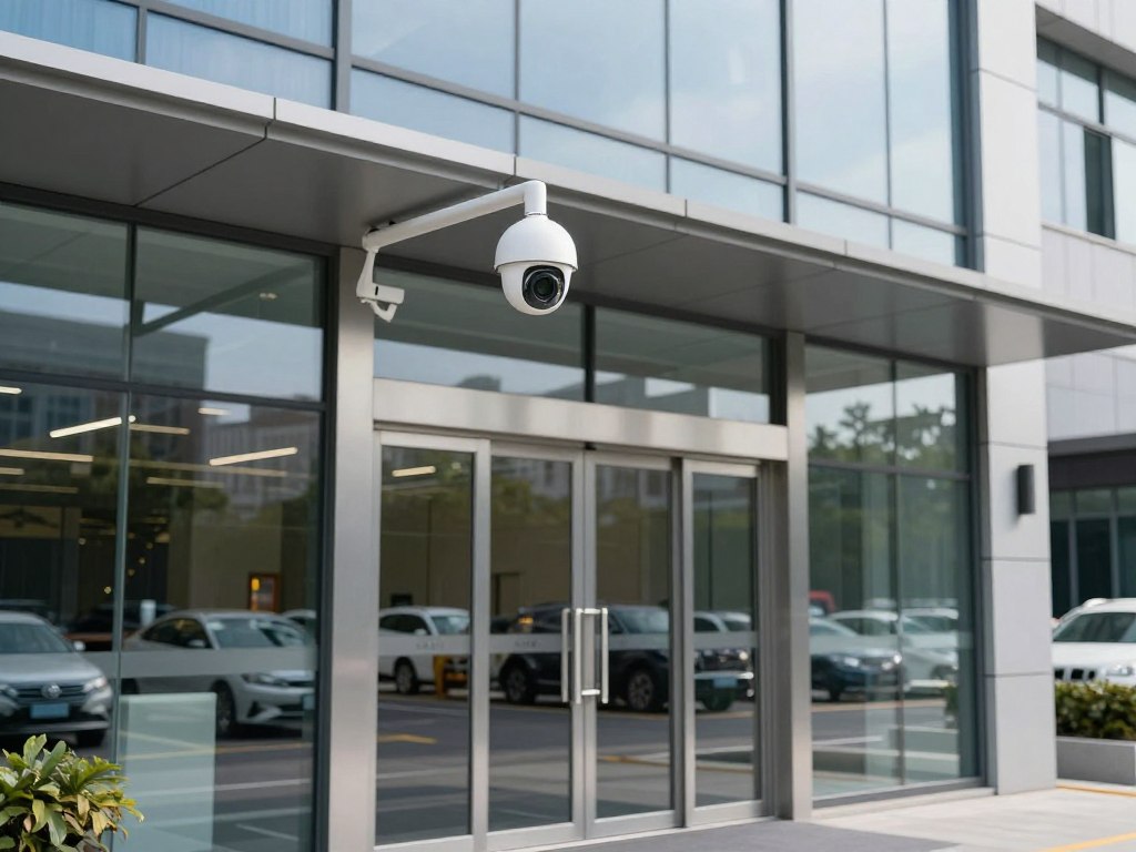 Modern commercial security camera system monitoring business entrance in Riverside