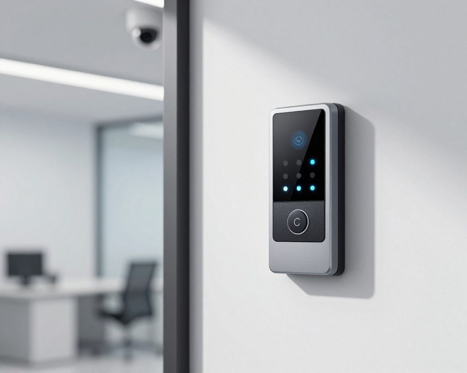Modern keycard access control system integrated with security cameras at commercial entrance