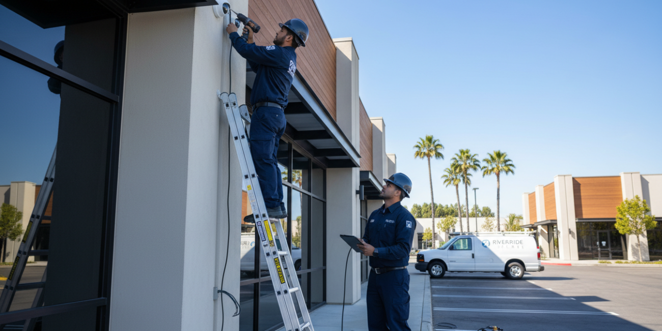 Professional security camera installation team working on commercial property in Riverside California