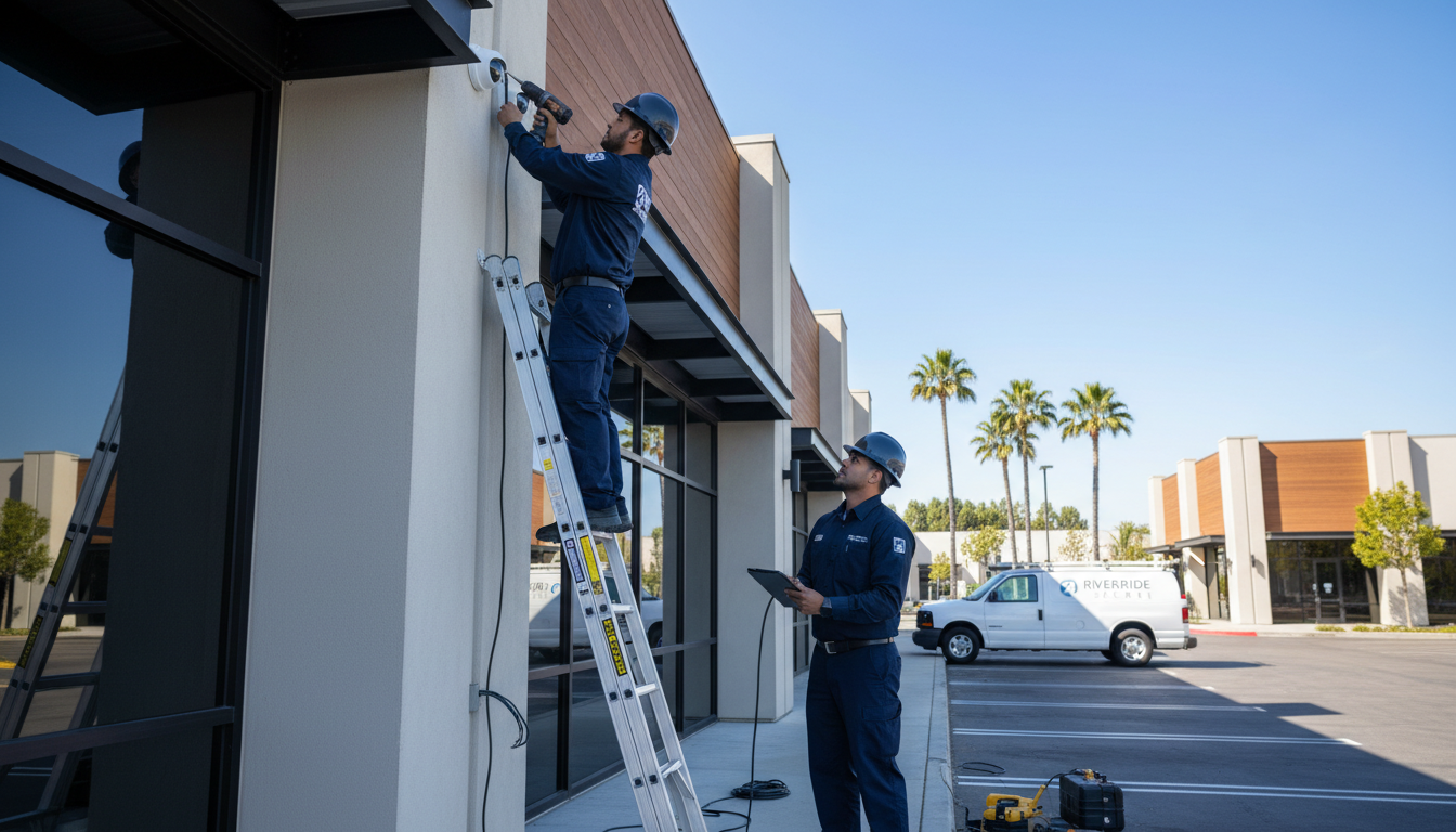 Professional security camera installation team working on commercial property in Riverside California