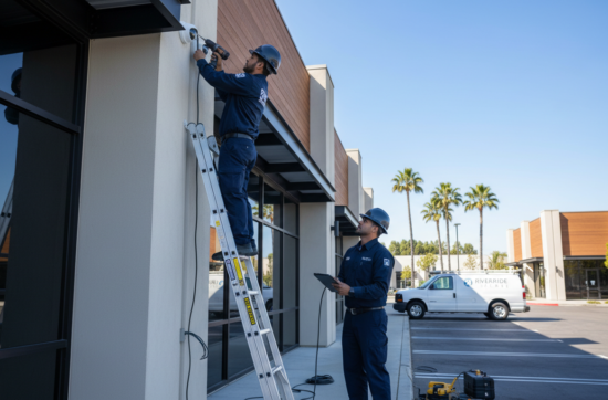 Professional security camera installation team working on commercial property in Riverside California