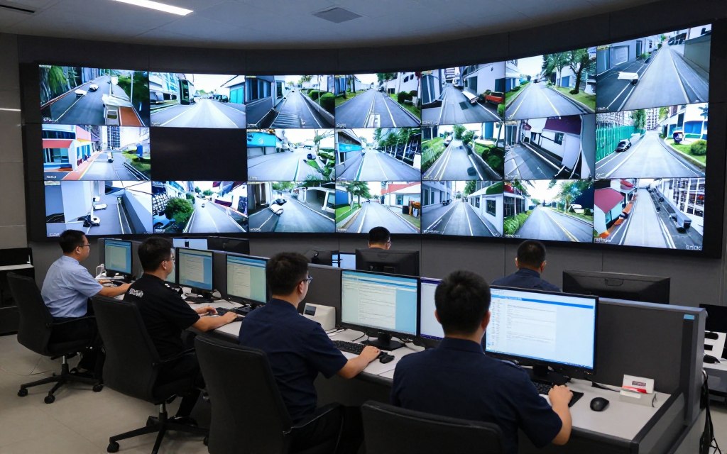 Professional security monitoring center with operators watching multiple live camera feeds