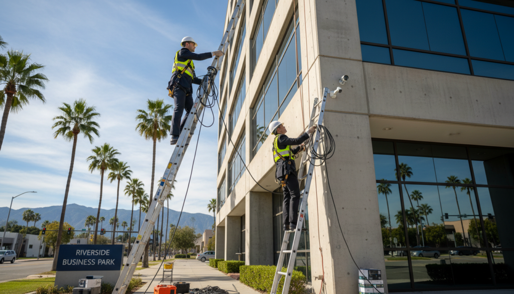 Professional technicians installing security camera system at Riverside business