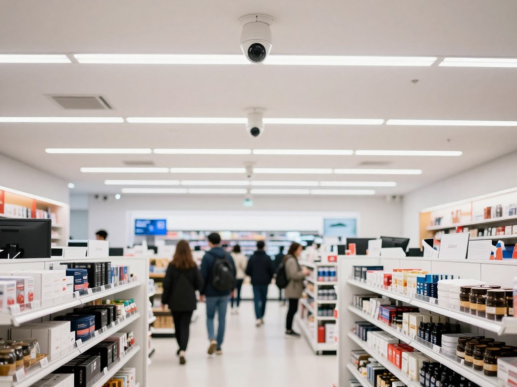 Retail store security camera monitoring shopping areas and preventing theft