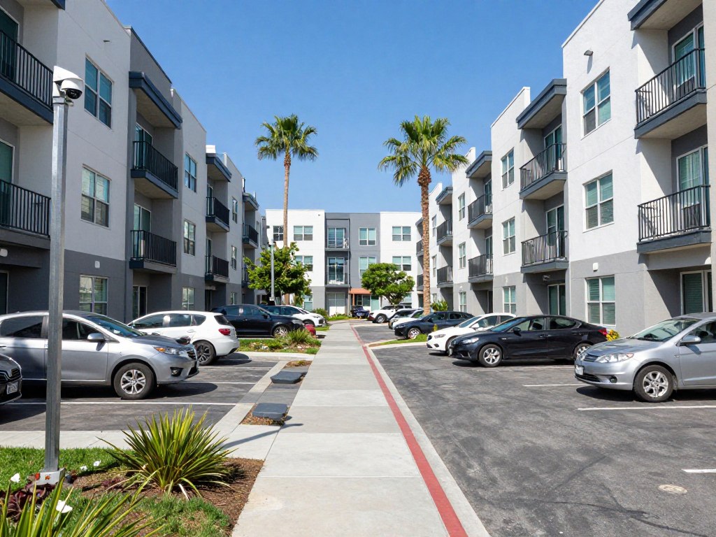 Security camera system monitoring apartment complex common areas and parking in Riverside