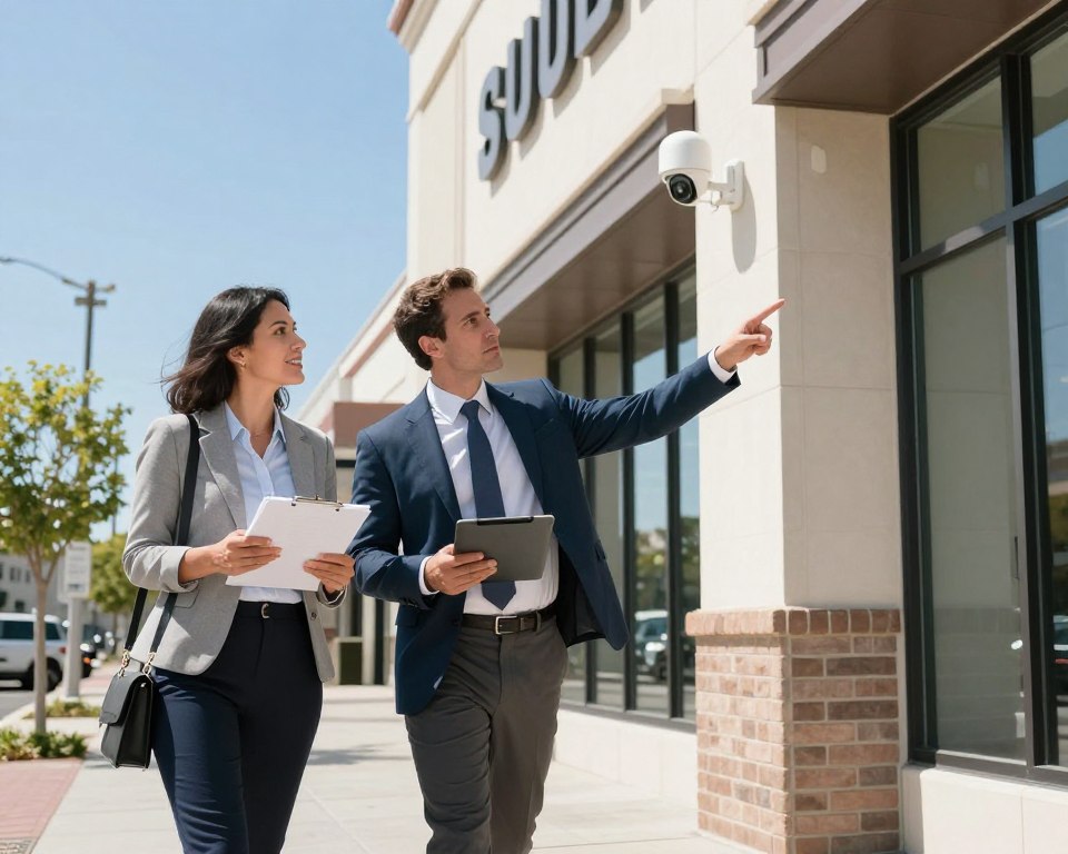 Security expert conducting property assessment for camera installation in Riverside