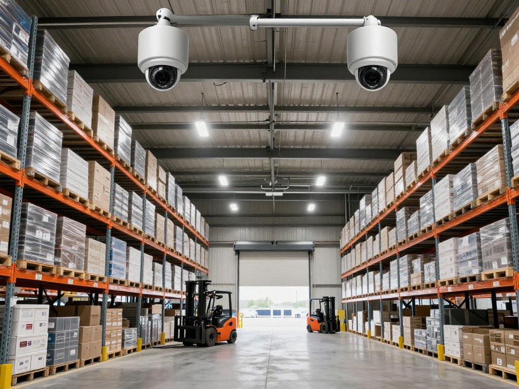 Warehouse security camera system monitoring inventory and loading docks